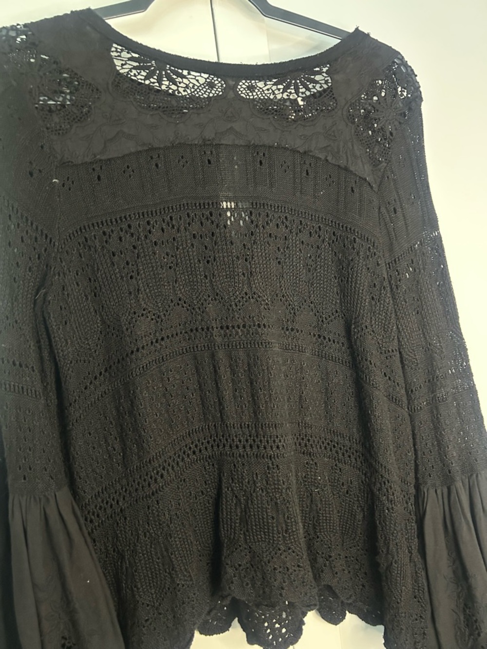 Free People Women Black Crochet Lace once upon a time Bell-Sleeve Blouse Size 6 - Picture 5 of 12